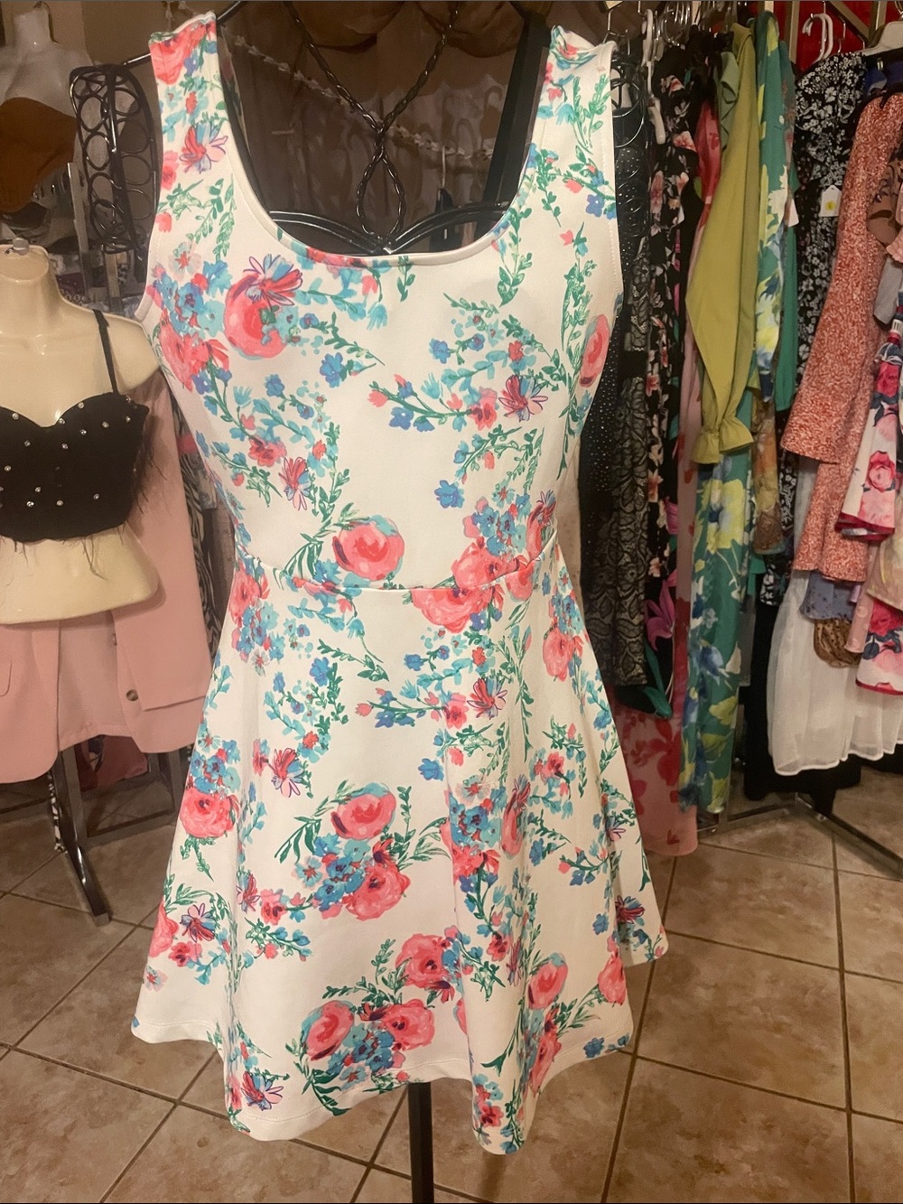 White Floral Fit-and-Flare Mini Dress with Pink & Blue Blooms
